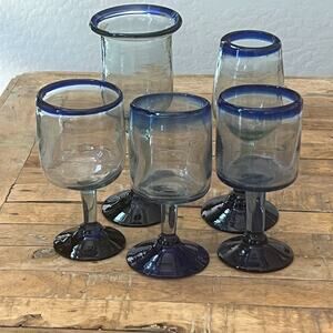 Mexican Hand Blown Goblets Drinking Glasses Cobalt Blue Rim Set of 5
